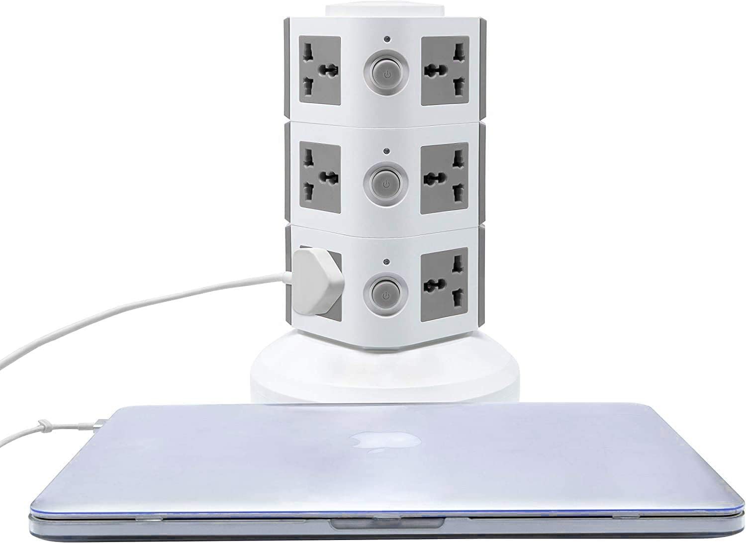 Vertical Multi Socket Tower Extension – 3-Layer Power Strip with 2 USB Ports, 3M Cord, UK/UAE Plug, Surge and Overload Protection, Universal Charging Station (Grey/White)