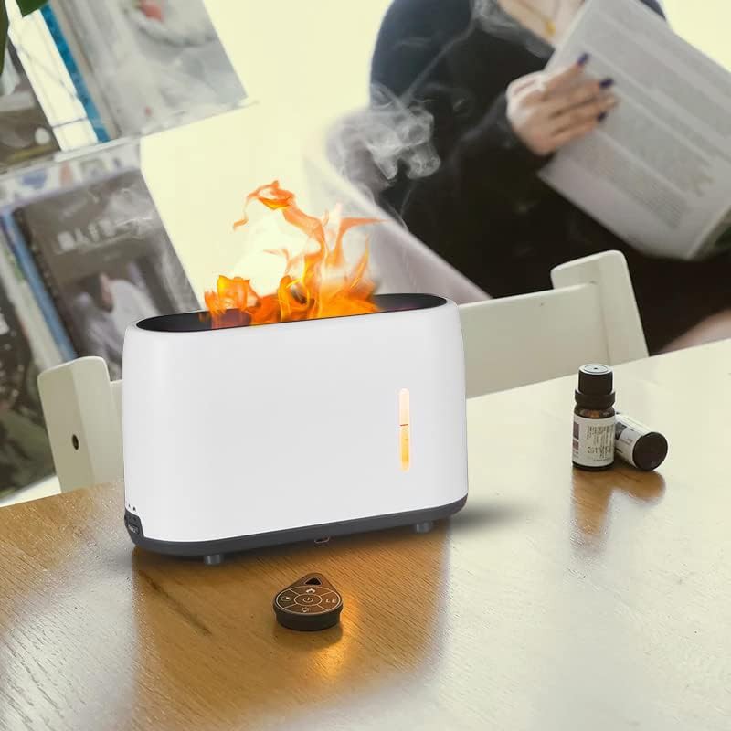 Flame Aroma Diffuser 240ml – Ultrasonic Essential Oil Humidifier with Remote, LED Flame Light, Timer & Auto Shut-Off – White Air Freshener for Home & Office