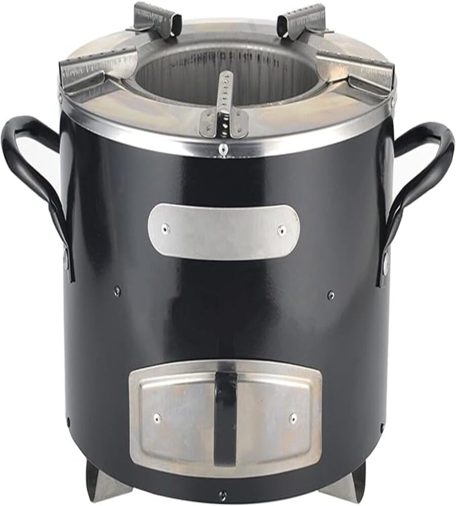 Portable Rocket Stove – Dual-Fuel Wood & Charcoal Burner with Ash Drawer & Handle | Cast Iron Steel Outdoor Cooker (Black)